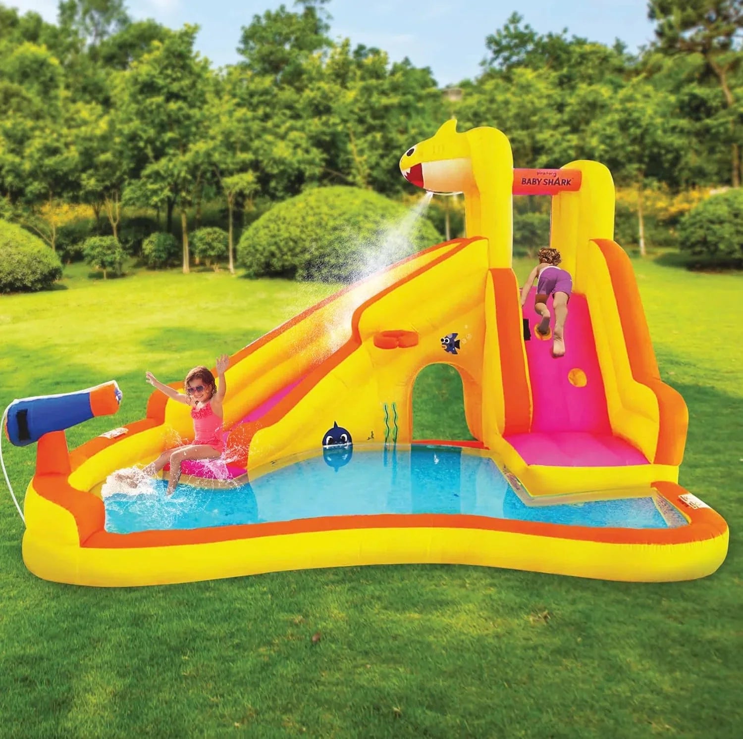 Funormous Baby Shark Bounce House with Slide Wet or Dry, Pink Fong Inflatable Fluid Slide, Party Outdoor Curve Fluid Fun, Kids Backyard Fluid Park, Includes Fluid Sprayer, Pool & Blower