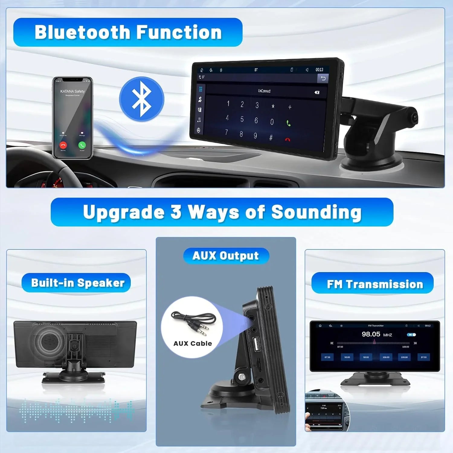 Podofo 7-32V 10.26" Portable Touch Display Car Stereo Radio Wireless Carplay Android Auto Mirror Link FM Bluetooth AUX for Car Suv Van Pickup Vehicles, with 64G Card&Backup Camera