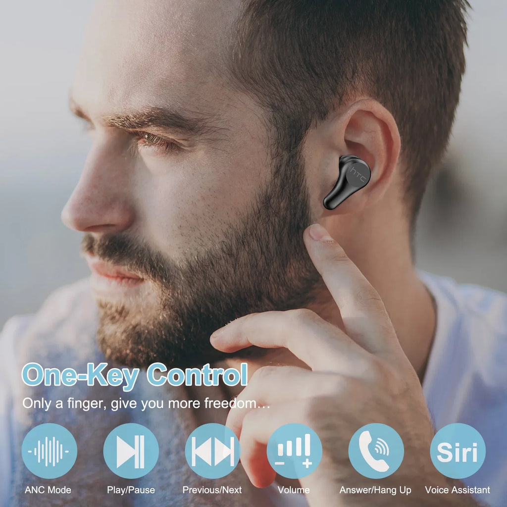 HTC True Wireless Earbuds Plus - Active Noise Cancellation IPX5 Fluid Resistant Bluetooth 5.0 Headphones with ENC, 24-Hour Playtime, Stereo in-Ear Touch Control Wireless Earphones