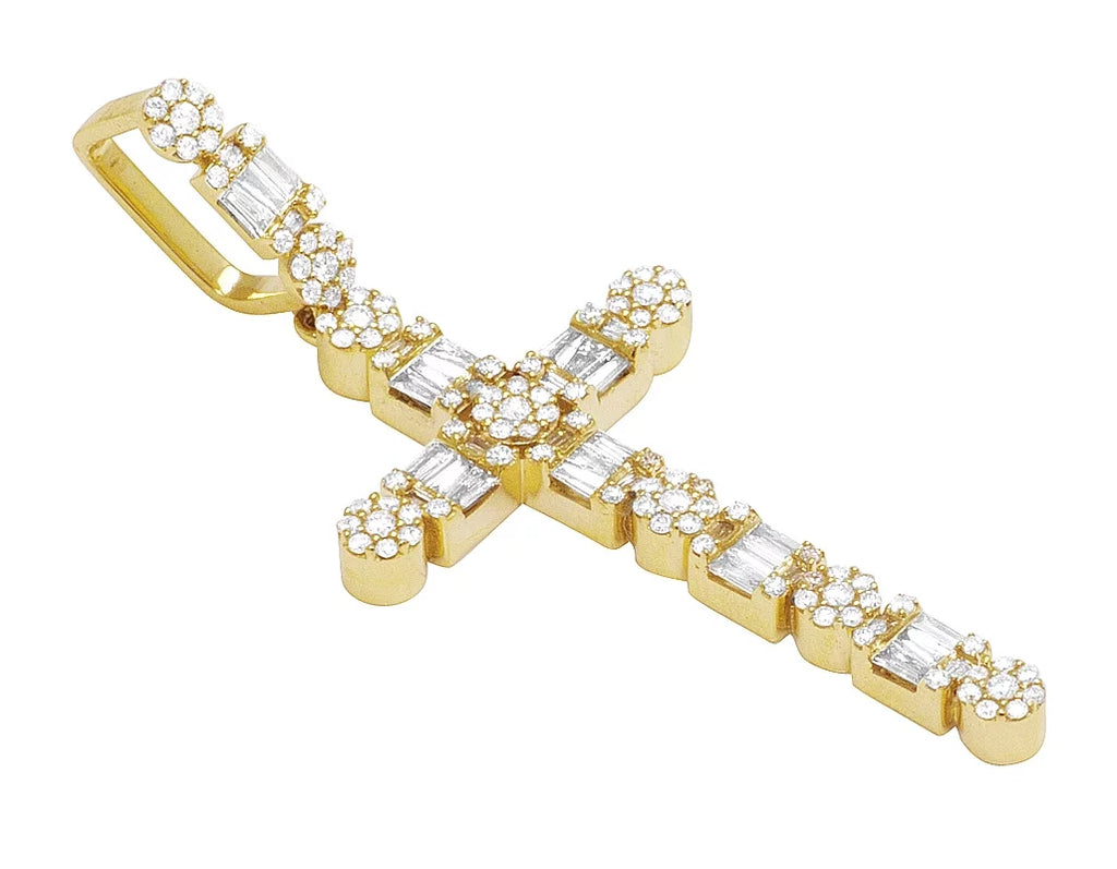 Unisex 10K Yellow Gold Real Diamond Flower Cluster Baguette Cross 2" 1.2CT