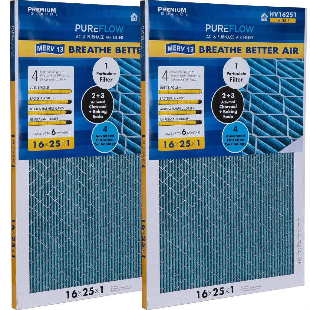 PureFlow, Home Furnace Air Filter 16x25x1, with 4 Layers of Advanced Filtration Technology, MERV-13 Pack-of-2
