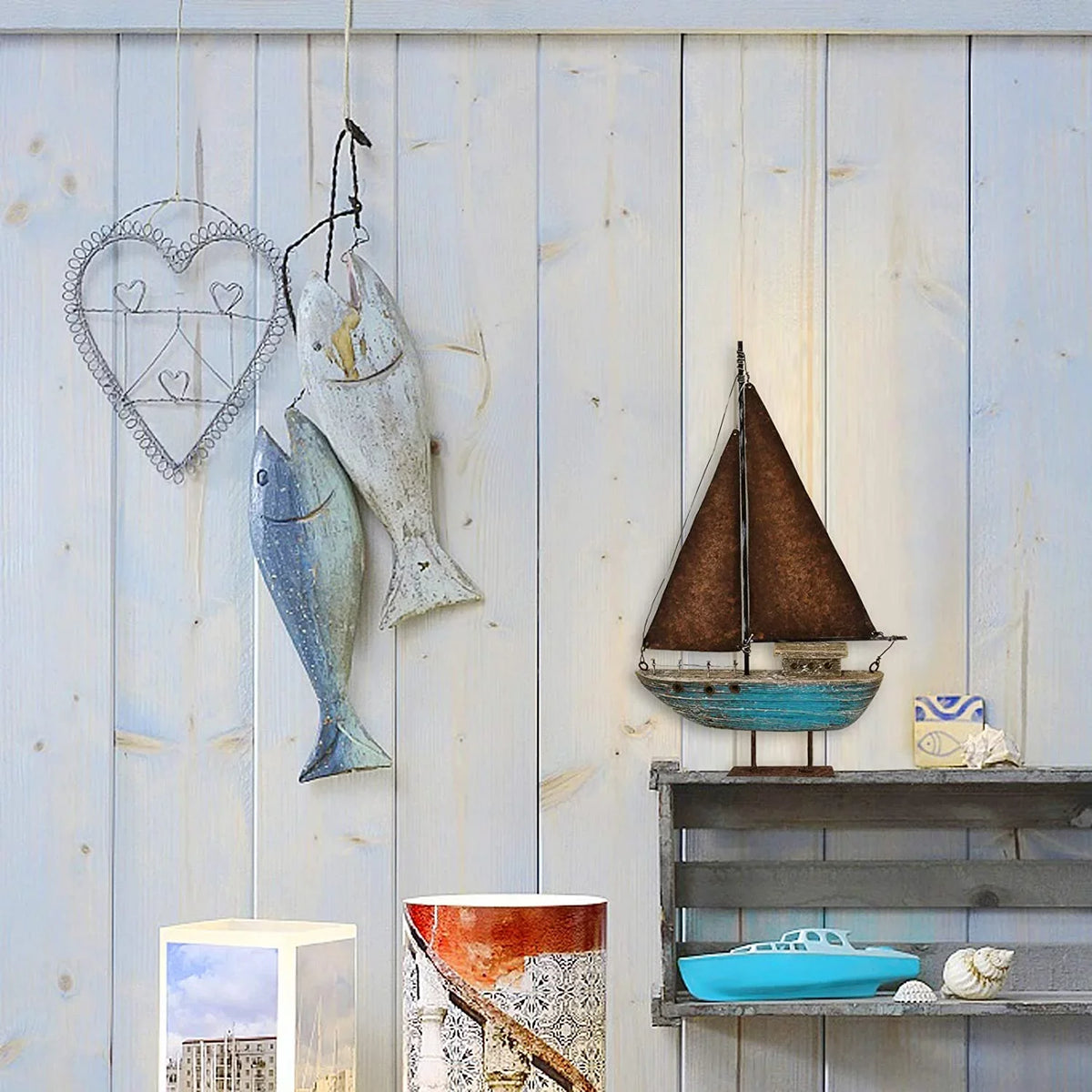Wood Sailboat Decor Nautical Decoration, 13.43" H Sail Boat Decor Display Rustic Nautical Beach Theme Room Decor Nautical Tabletop Decor for Living Room Bathroom Home Decor (Blue)