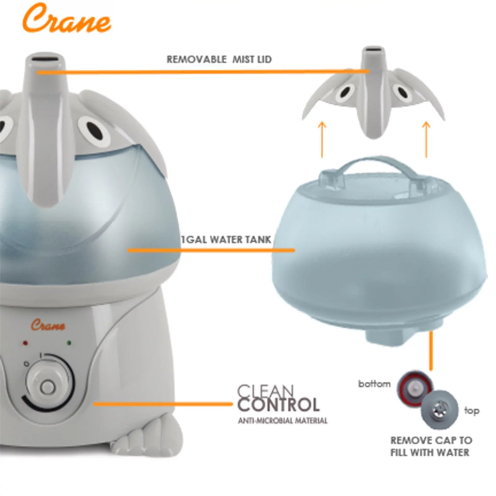 Crane Adorable Ultrasonic Cool Mist Humidifier, Elephant, 1 Gallon, EE-3186-1PK