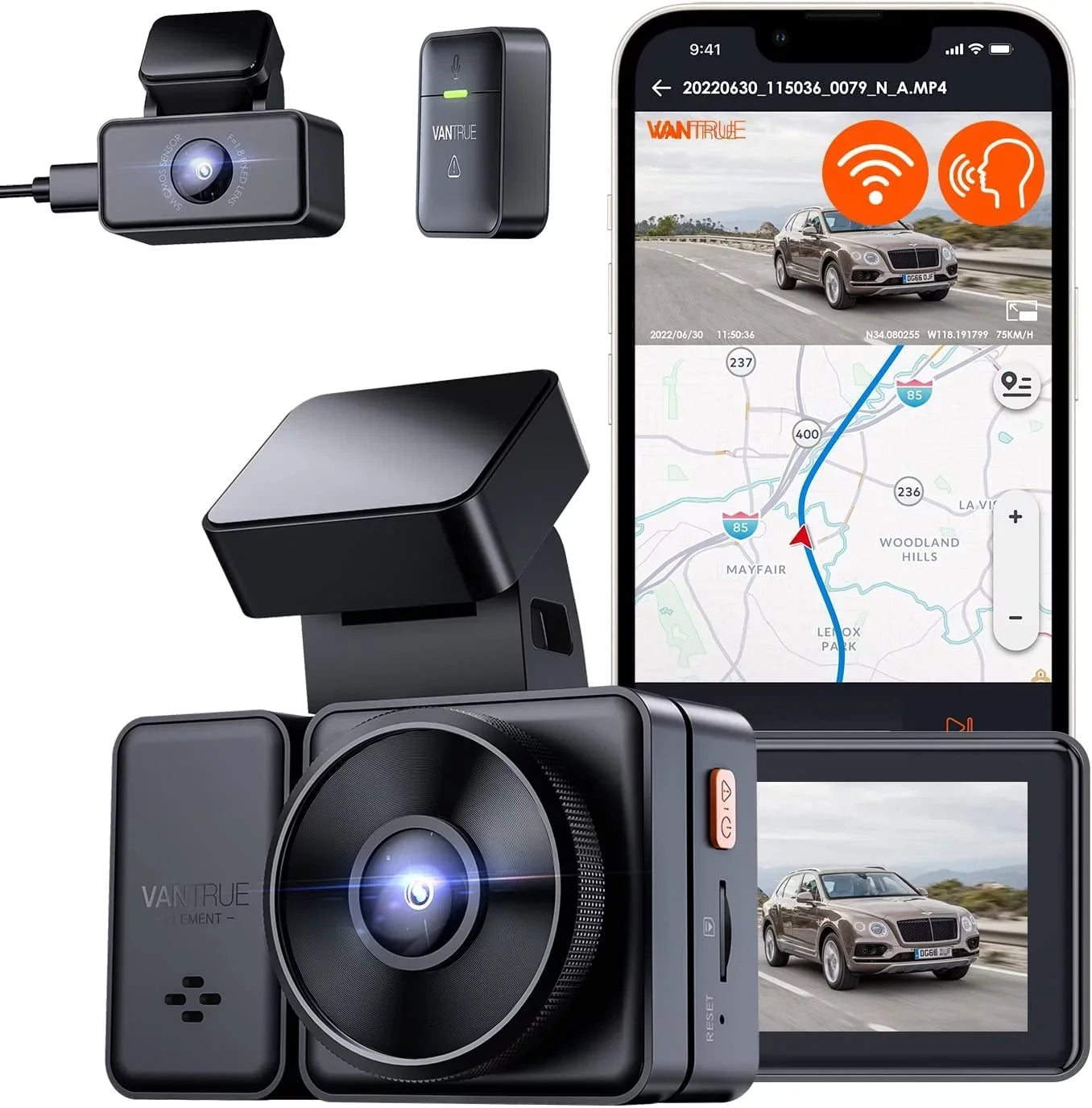Vantrue E2 Dual 2.5K Front and Rear Dash Cam with 5G WiFi, GPS & Voice Control, 1944P+1944P Car Camera, 24hrs Buffered Parking Mode, Enhanced Night Vision, Motion Detection, Capacitor, Support 512GB