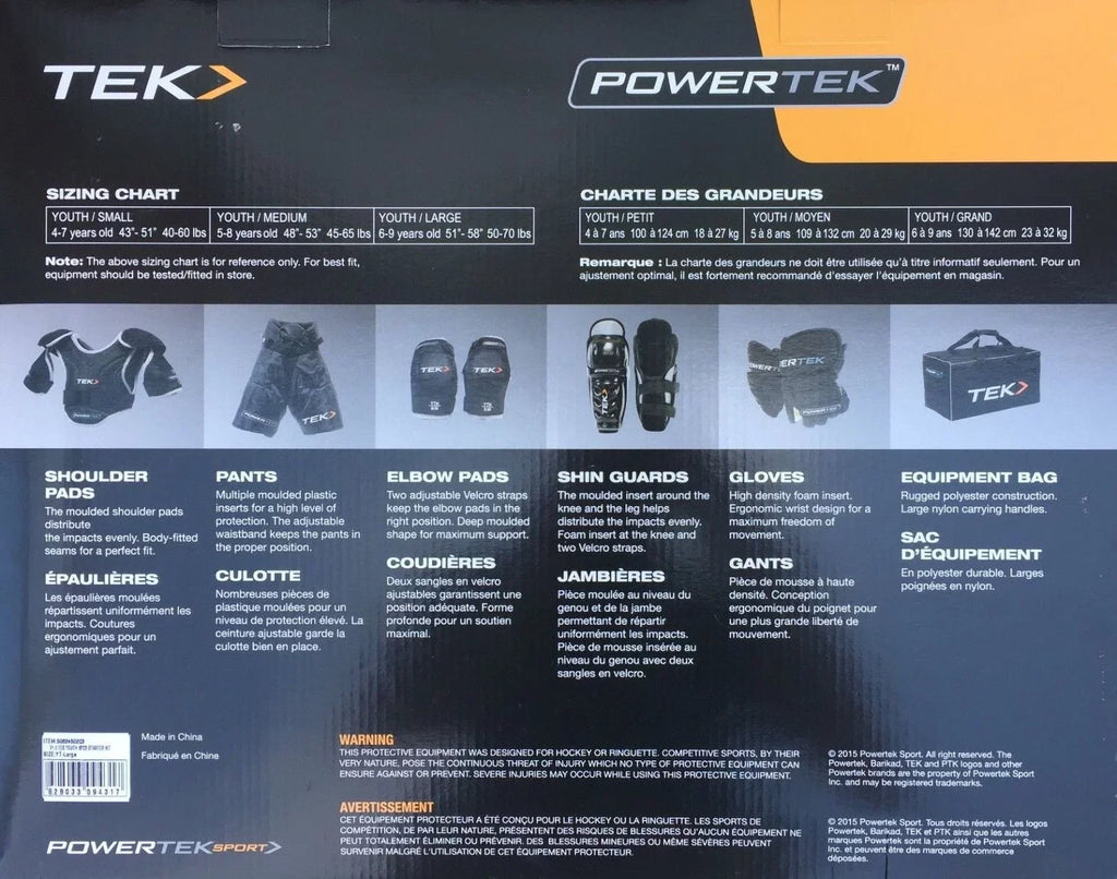 PowerTek V3.0 6-Piece Ice Hockey Equipment Pads, Starter Set Kit, YOUTH LARGE