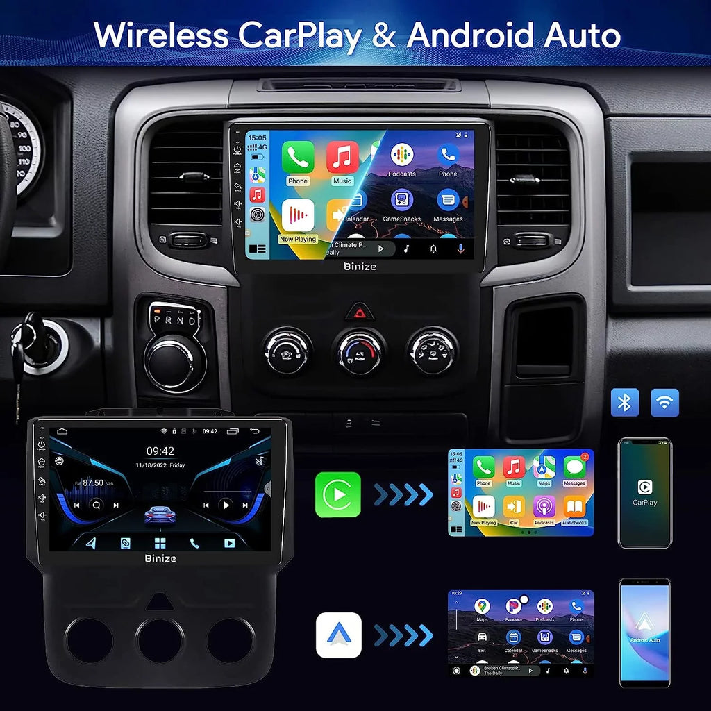 Binize Android 12 Double Din Car Stereo for Dodge Ram 1500 2500 3500 Radio 2013-2018, 9" in-Dash Navigation GPS Unit with Wireless CarPlay/Android Auto/AM/FM/Backup Camera/DSP/SWC/BT/WiFi/2+32GB