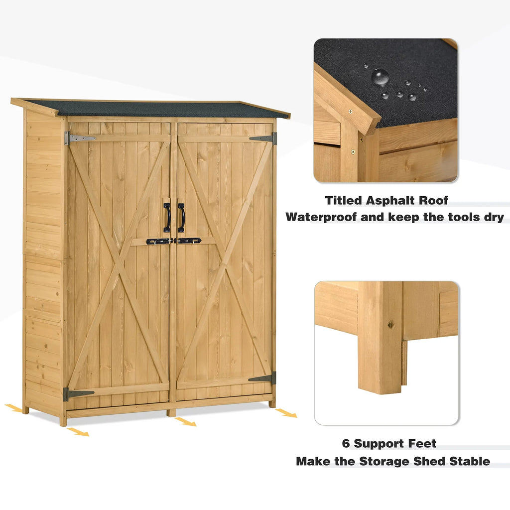 Outdoor 5.3ft Hx4.6ft L Wood Storage Shed Tool Organizer,Garden Shed, Storage Cabinet with Fluid Asphalt Roof, Double Lockable Doors, 3-tier Shelves for Backyard, Natural