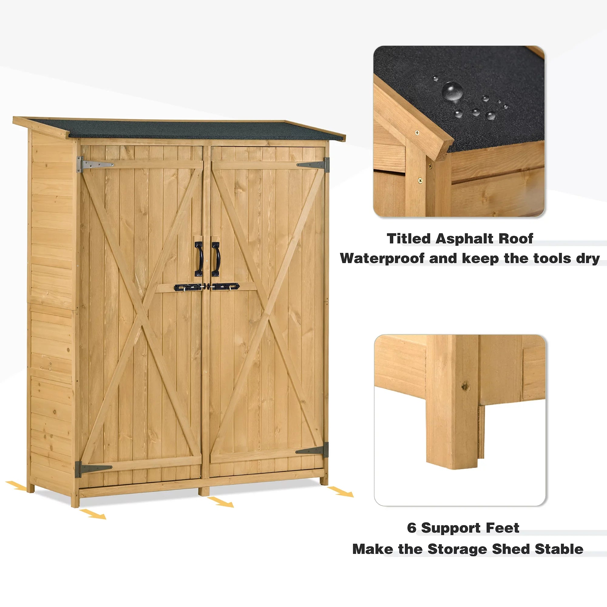 Outdoor 5.3ft Hx4.6ft L Wood Storage Shed Tool Organizer,Garden Shed, Storage Cabinet with Fluid Asphalt Roof, Double Lockable Doors, 3-tier Shelves for Backyard, Natural
