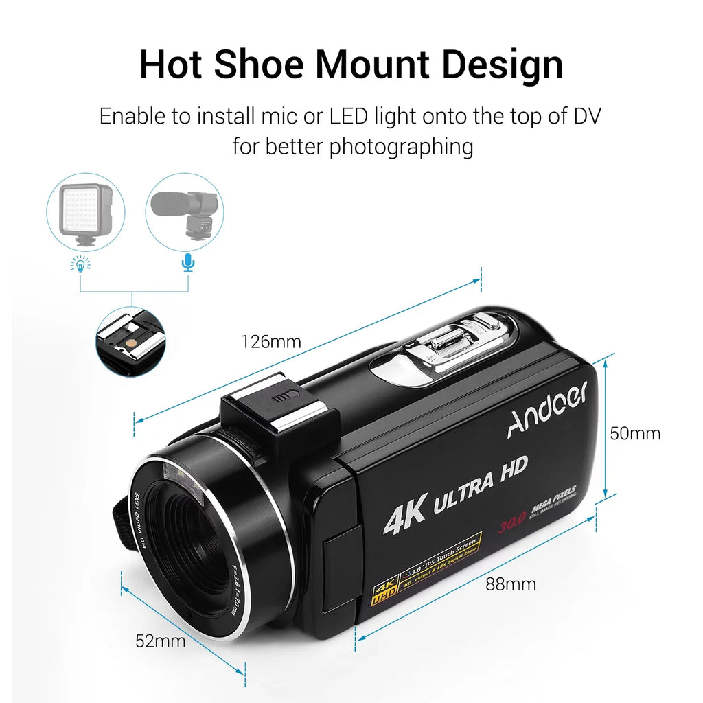 Andoer 4K Handheld DV Professional Digital Video CMOS Sensor Camcorder with 0.45X Wide Angle Lens with Macro Hot Shoe Mount 3.0 Inch IPS Monitor Burst -Shaking Function