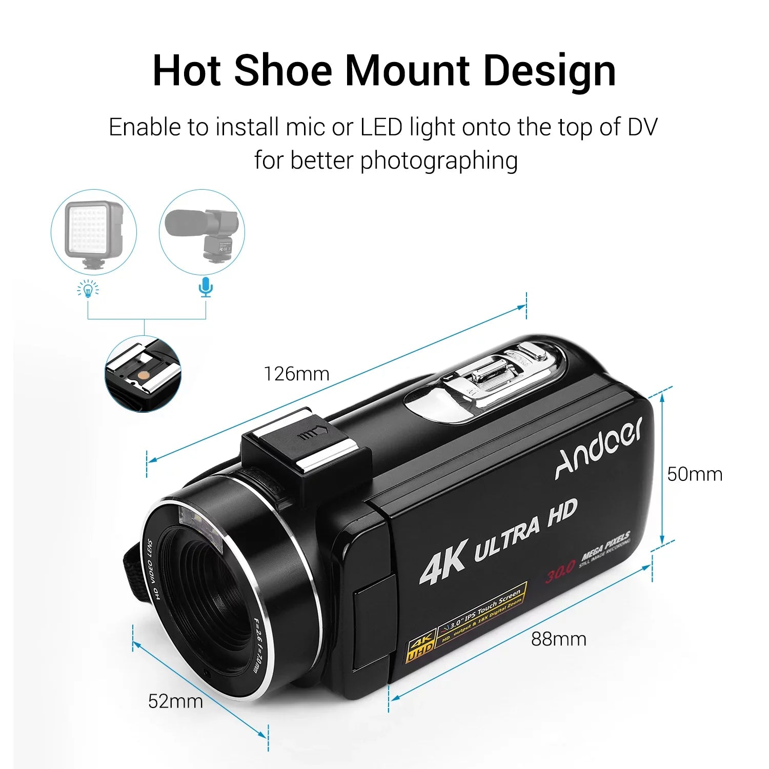 Andoer 4K Handheld DV Professional Digital Video CMOS Sensor Camcorder with 0.45X Wide Angle Lens with Macro Hot Shoe Mount 3.0 Inch IPS Monitor Burst -Shaking Function