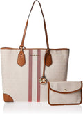 Michael Kors Eva Large Stripe Tote Vanilla Signature Coated Canvas