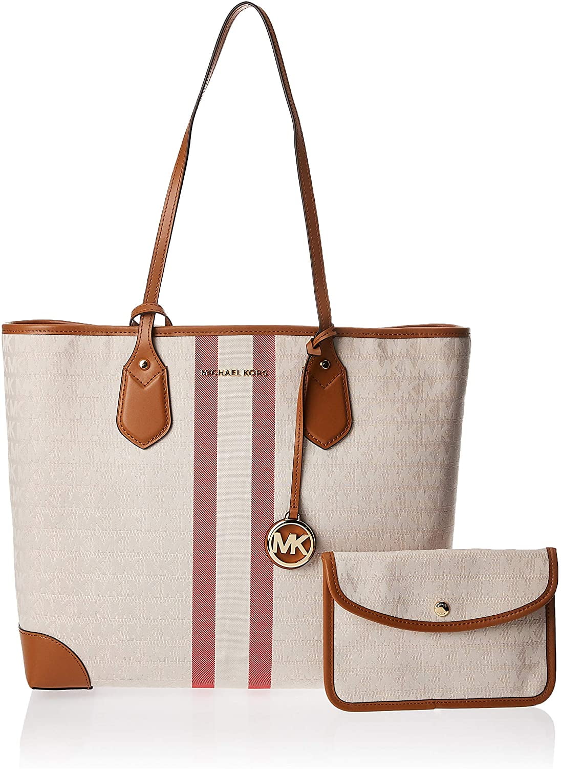 Michael Kors Eva Large Stripe Tote Vanilla Signature Coated Canvas