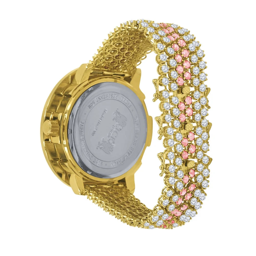 Mens Pink Tourmaline Roman Numeral Dial Big Face Simulated Diamond Gold Tone Jo Rodeo Adjustable Size Band Custom Watch