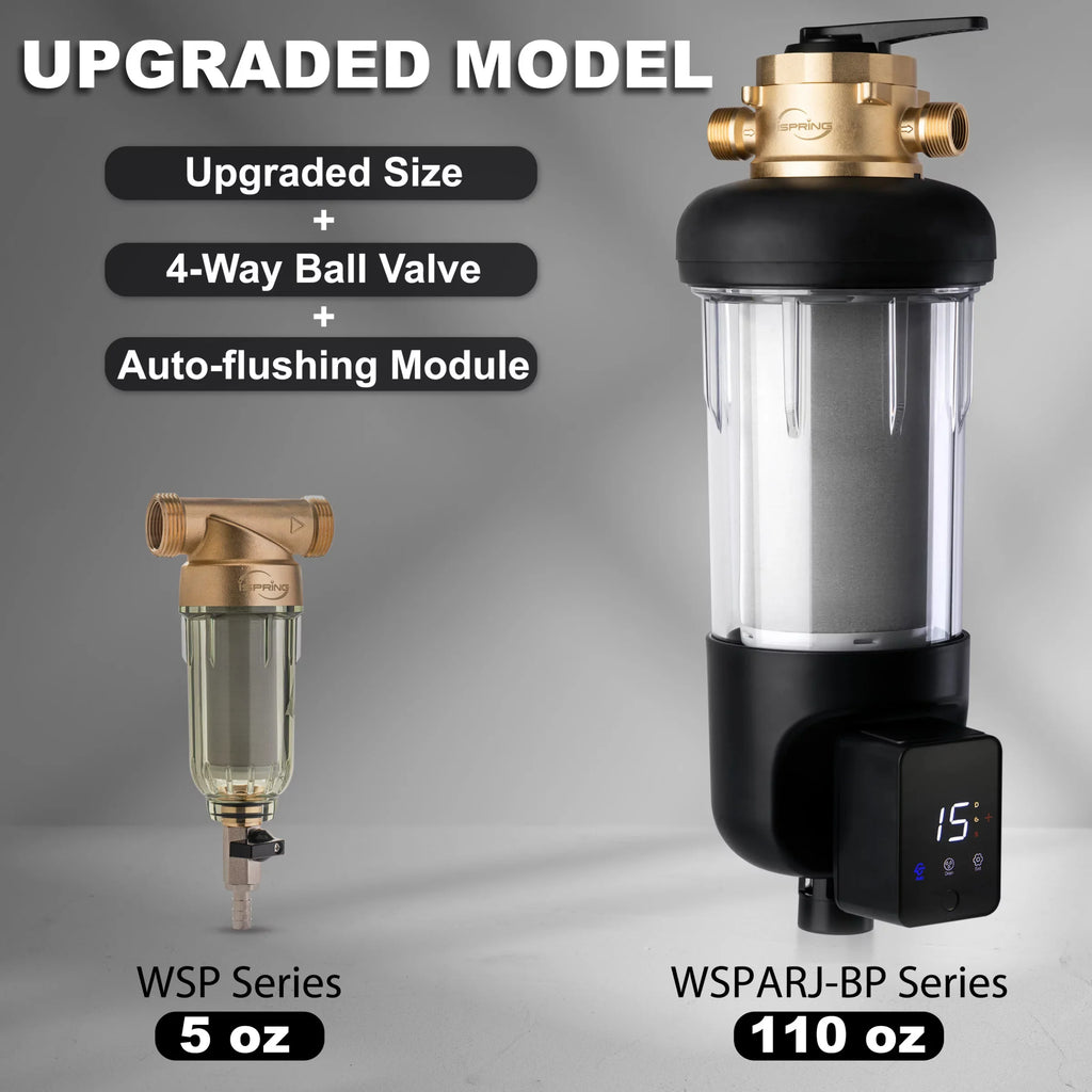 iSpring WSP500ARJ-BP Whole House Prefilter, Spin-Down Sediment Liquid Filter with Bypass, Upgraded Clear Housing, Jumbo Size, Flushable and Reusable, Monitor Auto Flushing, 4 Modes, 500 Microns