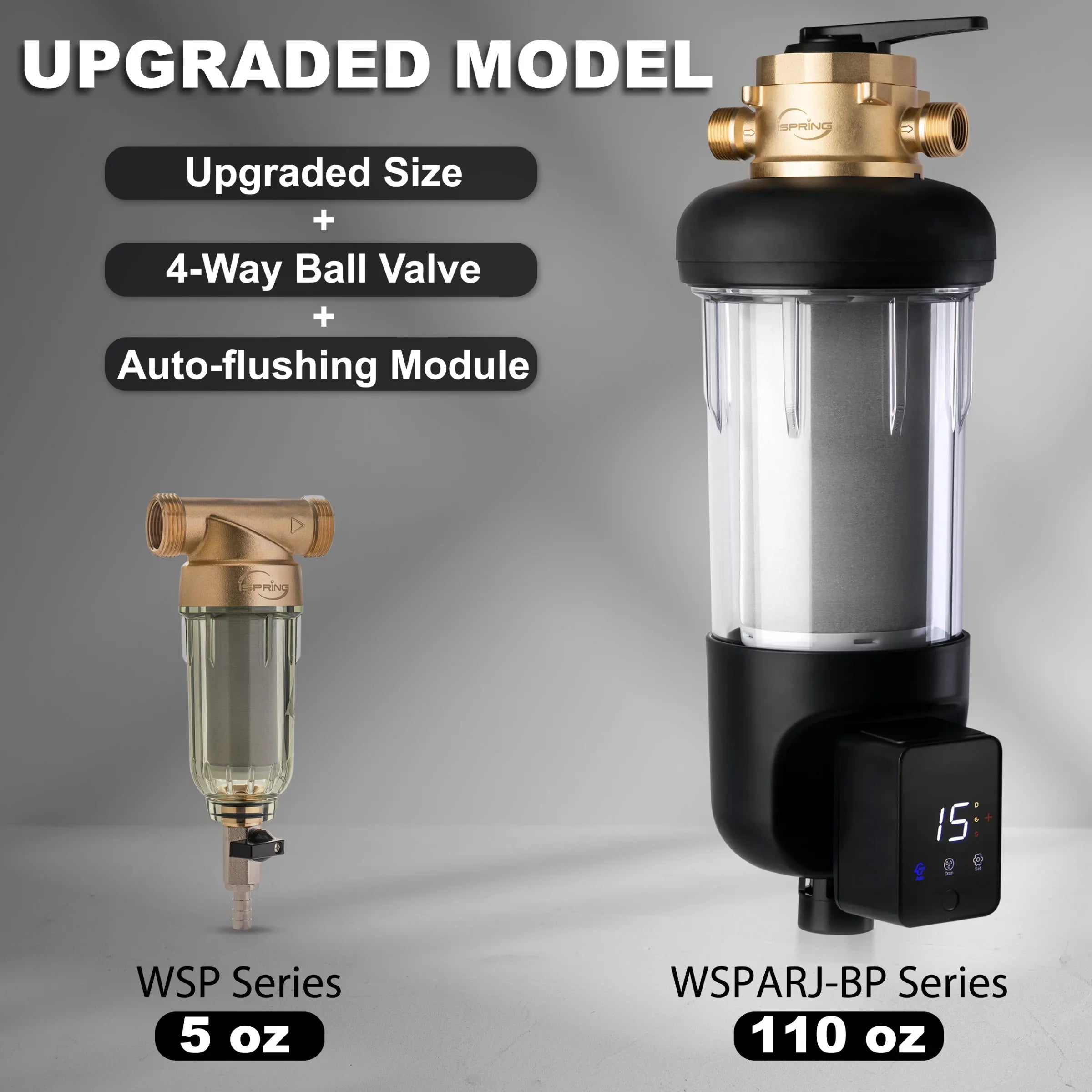 iSpring WSP500ARJ-BP Whole House Prefilter, Spin-Down Sediment Liquid Filter with Bypass, Upgraded Clear Housing, Jumbo Size, Flushable and Reusable, Monitor Auto Flushing, 4 Modes, 500 Microns