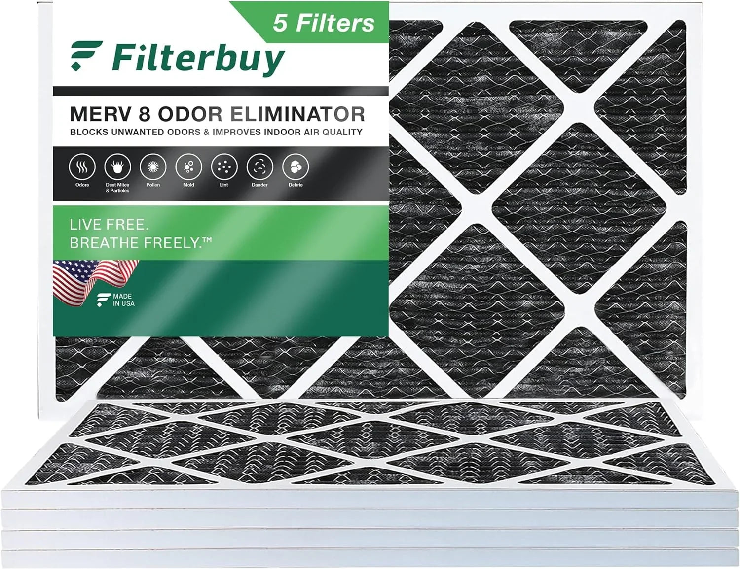 Filterbuy 20x30x1 MERV 8 Odor Eliminator Pleated HVAC AC Furnace Air Filters with Activated Carbon (5-Pack)