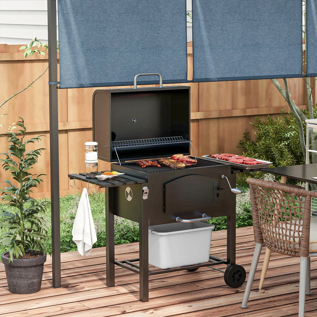 CoSoTower Charcoal Grill, BBQ with Adjustable Height, Portable Barbecue with Folding Shelves, Thermometer, Bottle Opener & Wheels for Outdoor Camping, Picnic, Patio, Backyard, Black