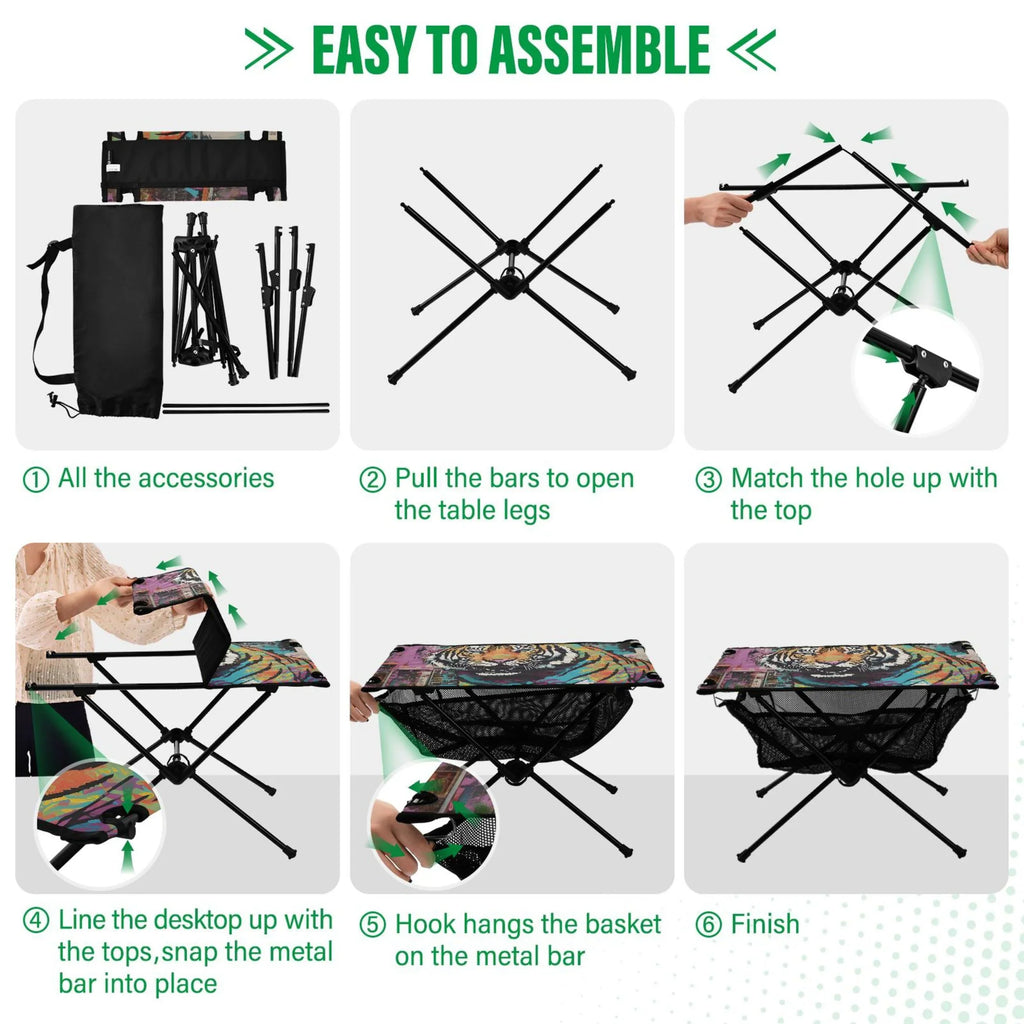 Tiger Abstract Camping Foldable Portable Table Beach Table with Storage Bag Compact Picnic Table for Outdoor Hiking Fishing BBQ