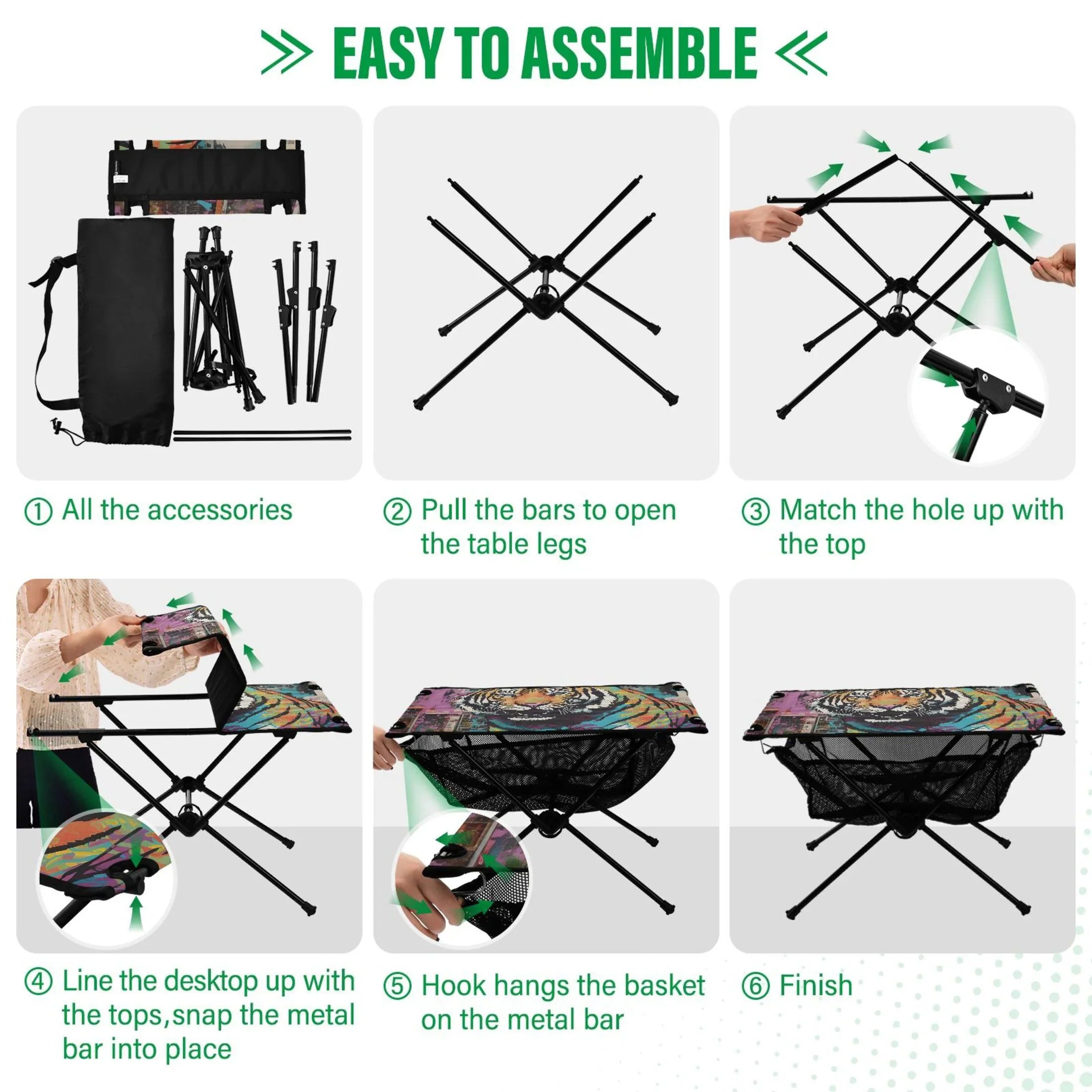 Tiger Abstract Camping Foldable Portable Table Beach Table with Storage Bag Compact Picnic Table for Outdoor Hiking Fishing BBQ
