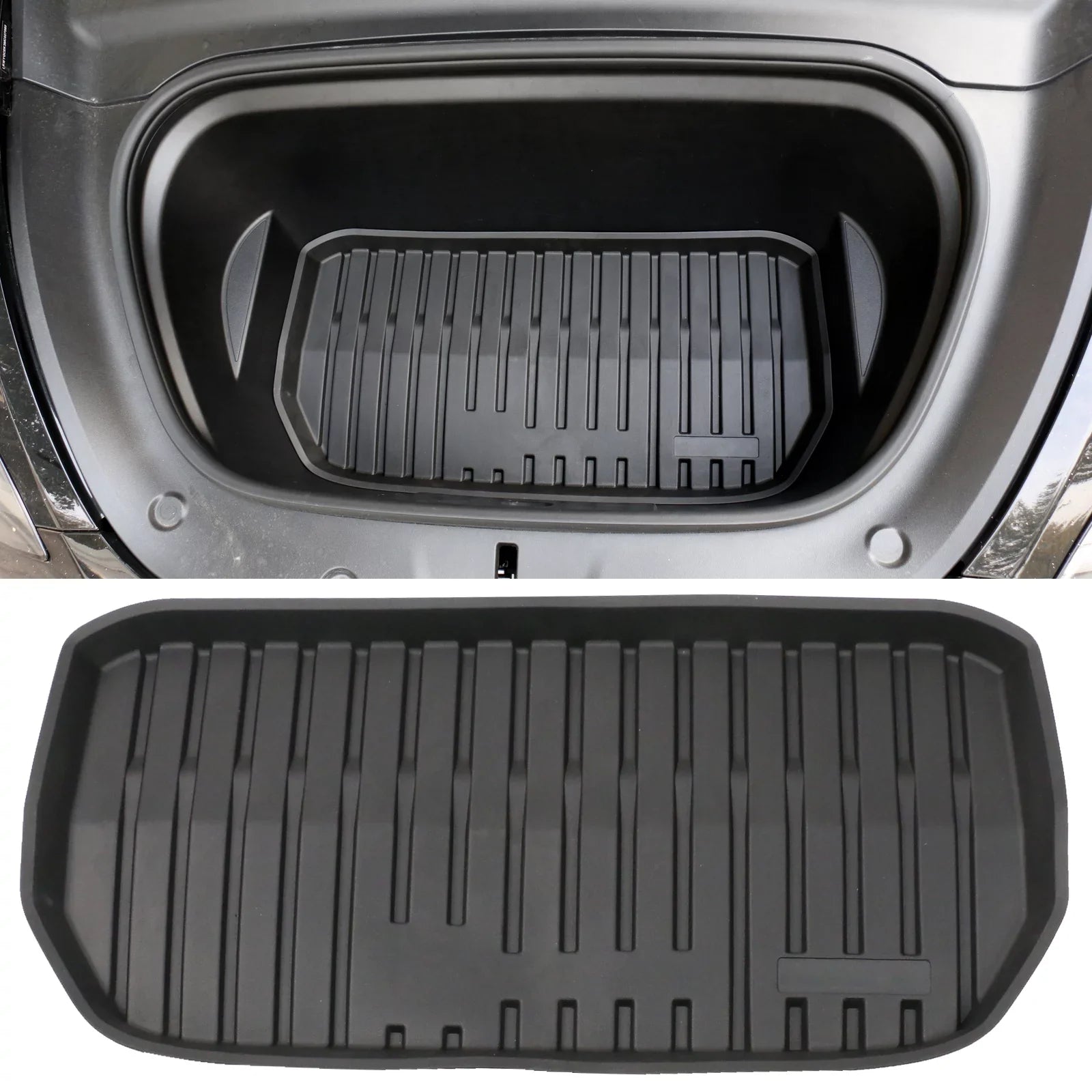 Ikon Motorsports Trunk Mats + Protector Backrest Covers Compatible with 2020-2023 Tesla Model Y Black Injection TPE All Weather Liquid Anti-Slip Frunk Trunk Under Cargo Storage Liner Mat