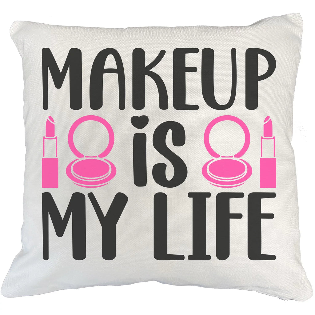 Makeup Is My Life w/ Compact Mirror & Lipstick Design - Beauty Themed Merch for Makeup Artist or Cosmetologist, Gift for Makeup Lovers, Pillow Cover, White 20X20 IN