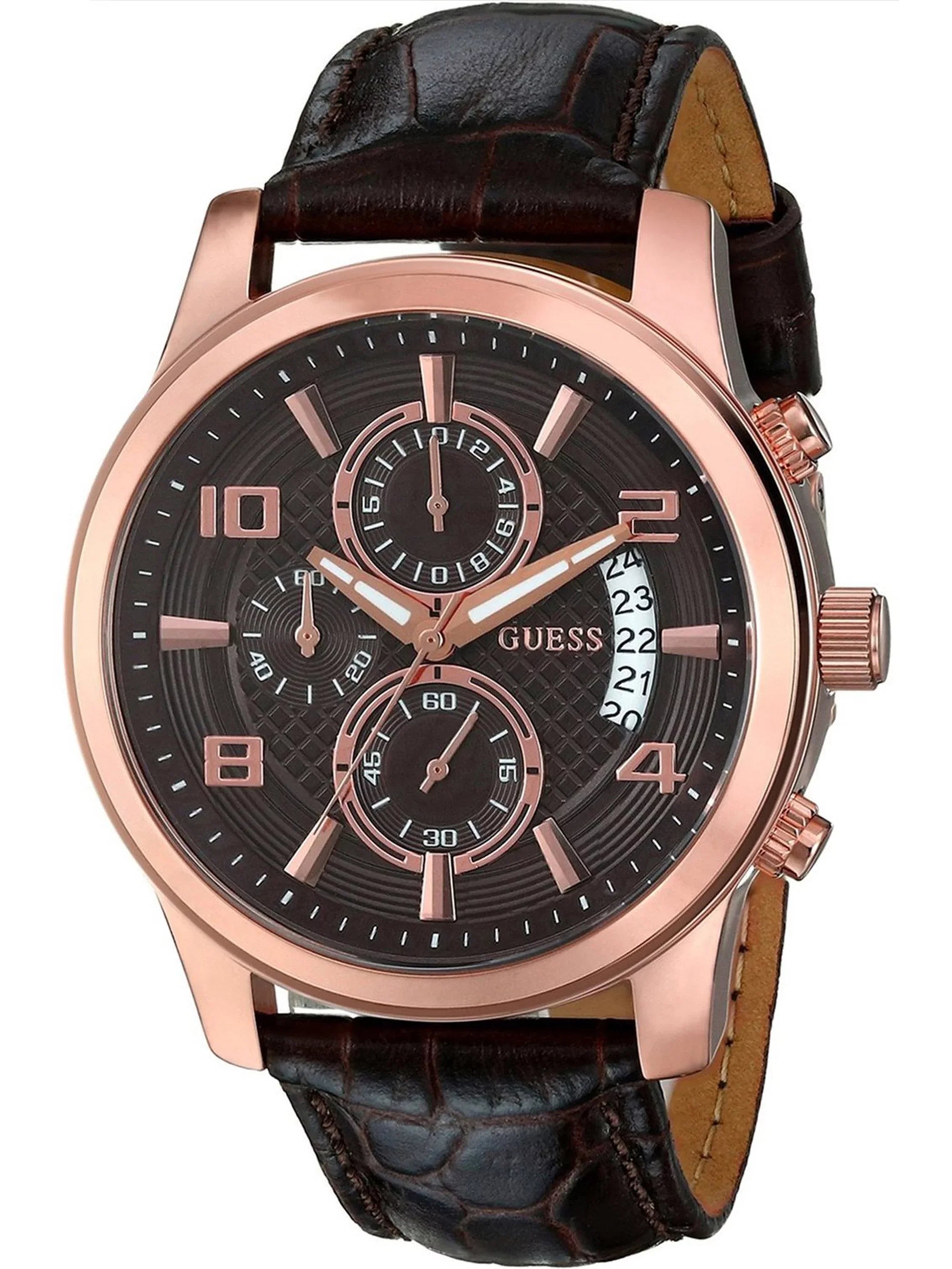 Guess Men's W0076G4, Chronograph,Rose gold tone,dark dial,stainless steel case,leather strap,date,50m WR