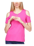 MICHAEL KORS Womens Pink Cold Shoulder Zippered Logo Hardware Short Sleeve Round Neck Top XS