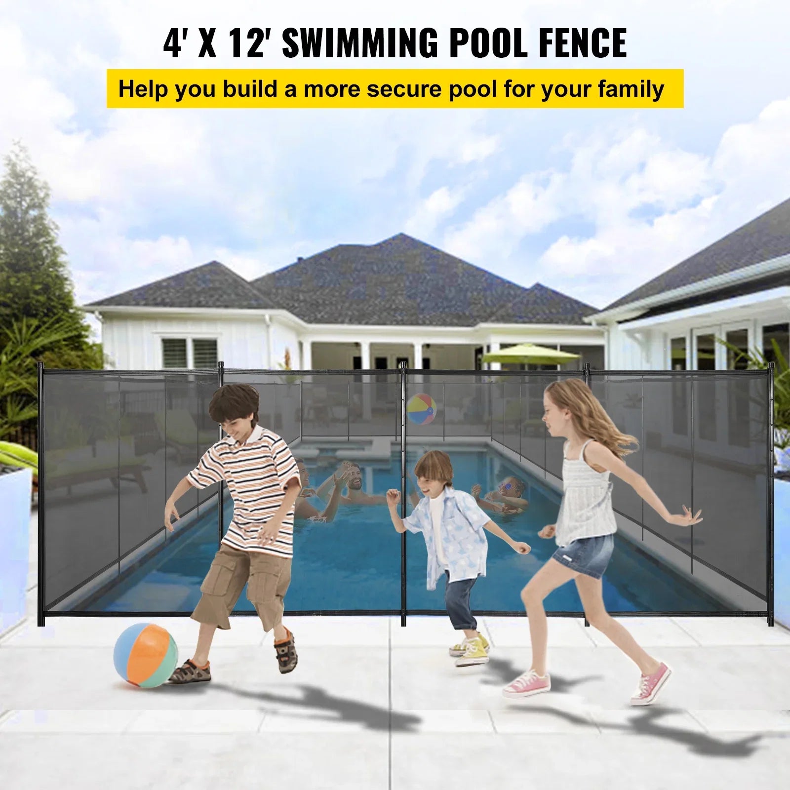 SKYSHALO Pool Fencing Mesh, 4 x 12 ft Swimming Pool Fence, 1000D PVC Fabric Removable Pool Fence with Aluminum Poles and Foot Tubes, Breathable Pool Fences for Inground Pools for Security and Privacy
