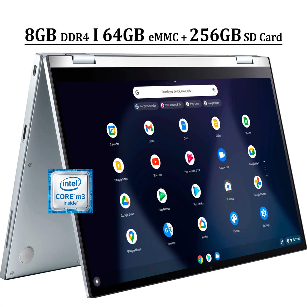 Chromebook Flip C433 14 2-in-1 Business Portable computer 14" FHD IPS Monitor Core M3-8100Y Processor 8GB DDR4 64GB eMMC + 256GB SD Card UHD Graphics 615 USB-C Webcam Chrome OS Silver