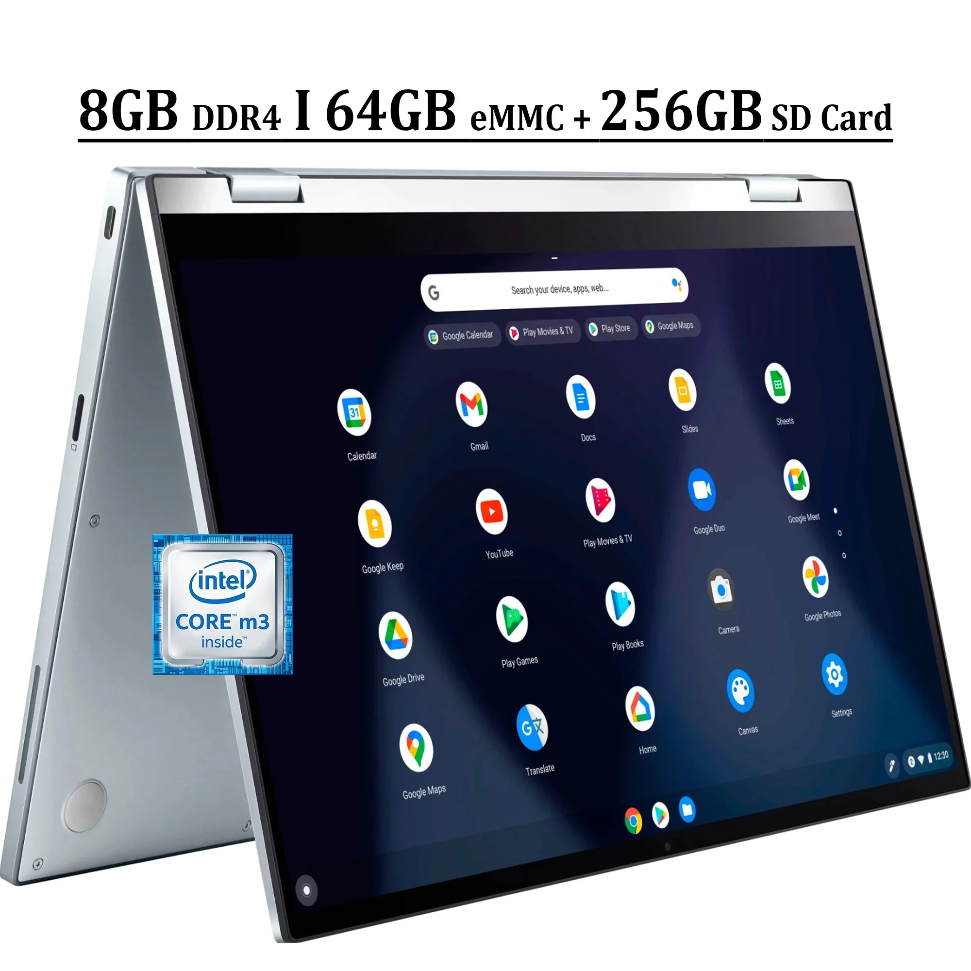 Chromebook Flip C433 14 2-in-1 Business Portable computer 14" FHD IPS Monitor Core M3-8100Y Processor 8GB DDR4 64GB eMMC + 256GB SD Card UHD Graphics 615 USB-C Webcam Chrome OS Silver
