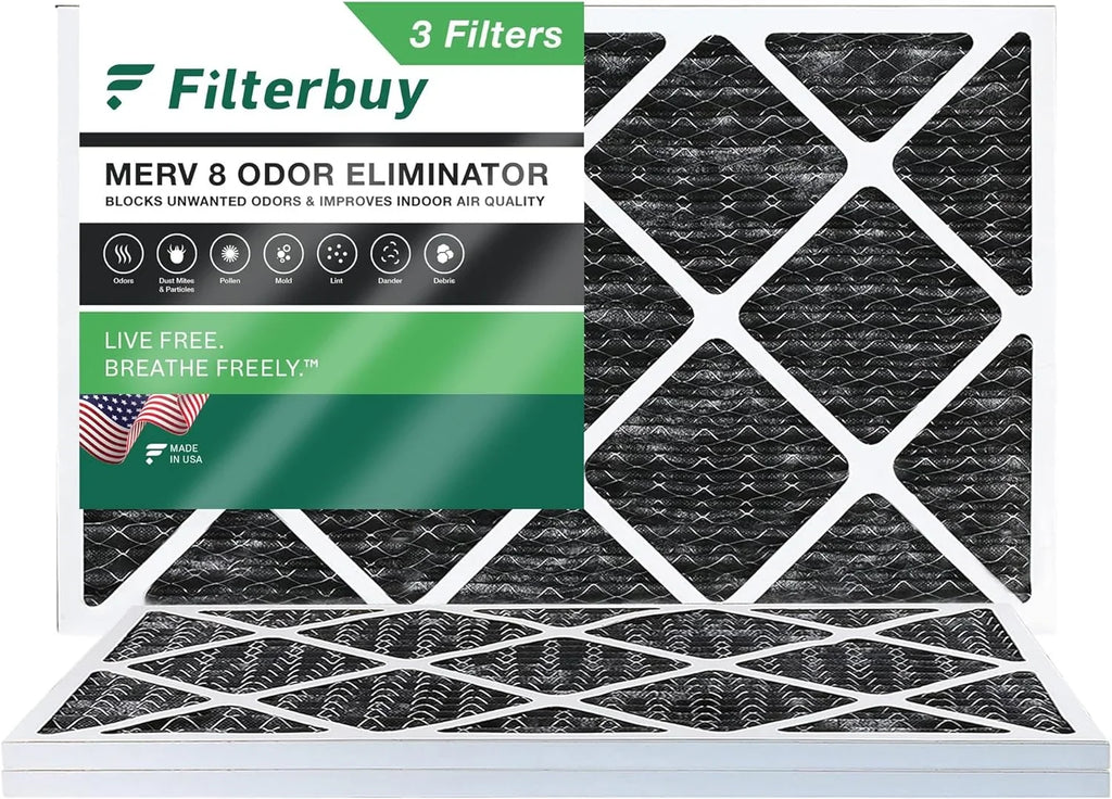 Filterbuy 12x20x1 MERV 8 Odor Eliminator Pleated HVAC AC Furnace Air Filters with Activated Carbon (3-Pack)