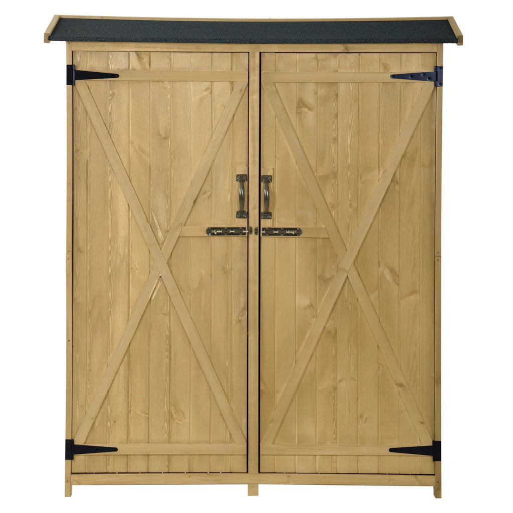 Outdoor 5.3ft Hx4.6ft L Wood Storage Shed Tool Organizer,Garden Shed, Storage Cabinet with Fluid Asphalt Roof, Double Lockable Doors, 3-tier Shelves for Backyard, Natural