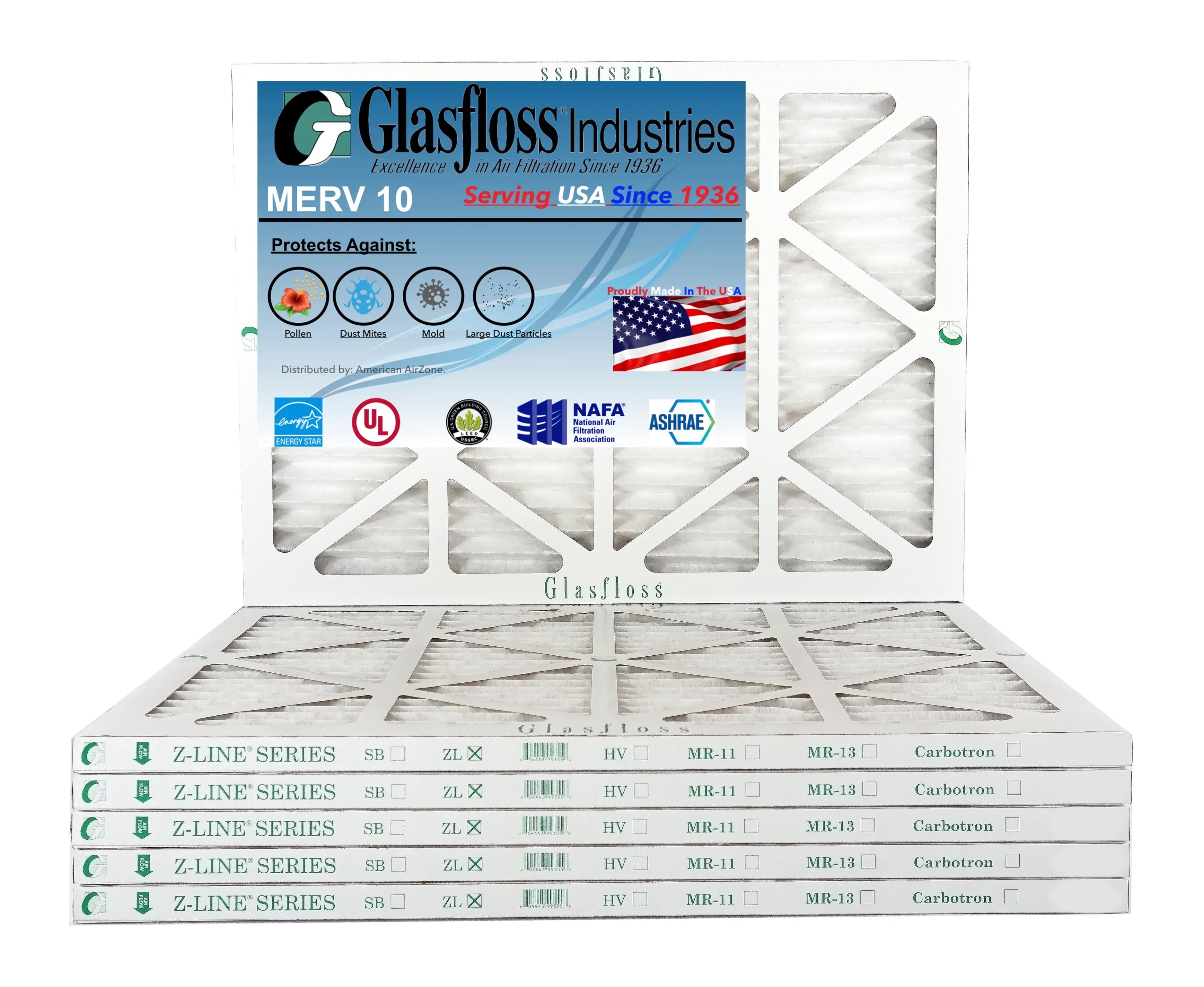 Glasfloss 18x22x1 - MERV 10 -Qty:6 - Furnace Air Filter - Made in USA (Actual Size: 17.5 x 21.5x7/8 inch)