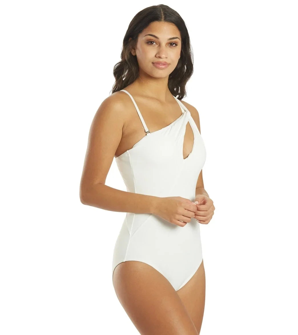 Carmen Marc Valvo WHITE One-Shoulder Twist-Front One Piece Swimsuit, US 10