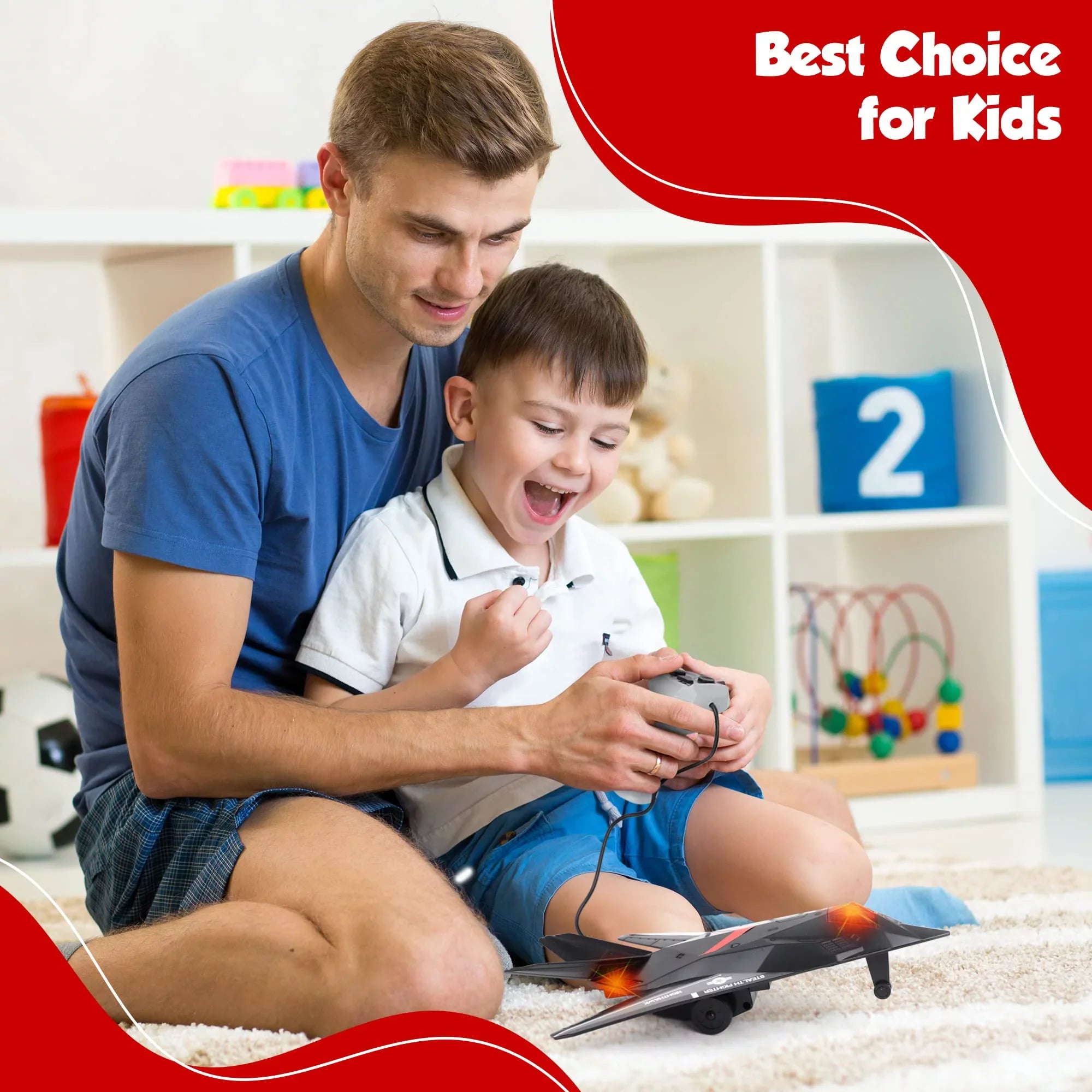 Playkidiz Wired Remote Control Plane, with Lights & Sounds Stealth Fighter Airplane Toy with 43" Wire, Ages 3+, Perfect for Toddlers