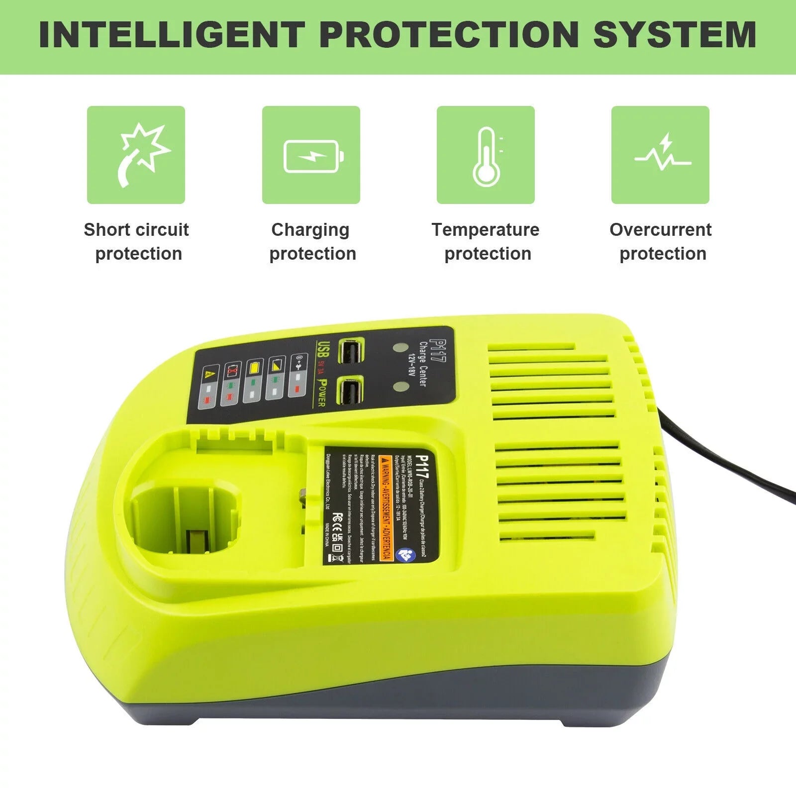 P117 Battery Charger For RYOBI 18V High Capacity 18Volt Lithium-Ion P108 P106 US