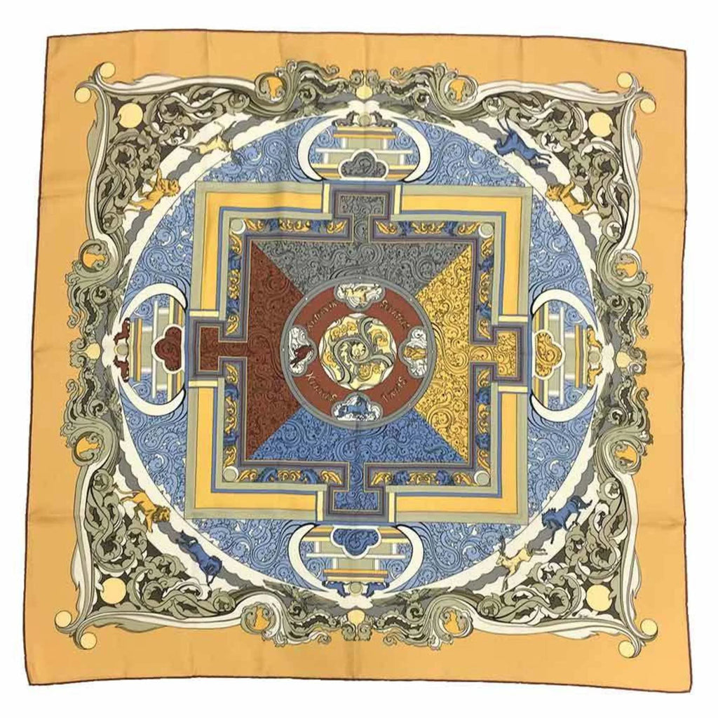 Pre-Owned HERMES Hermes Scarf Muffler Kare90 ANIMAUX SOLAIRES Animals of the Sun Cream Yellow 100% Silk (Like New)