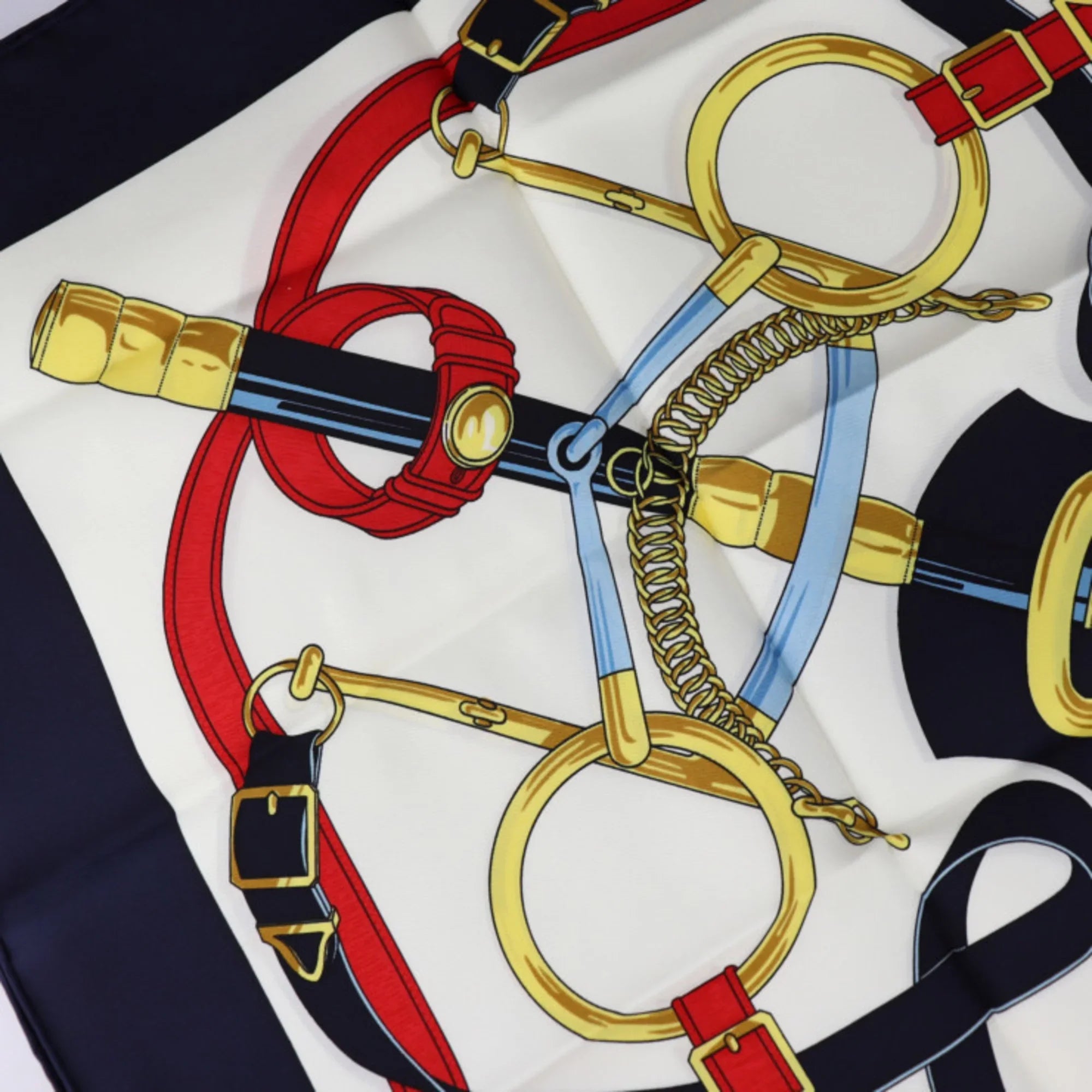 Pre-Owned HERMES Eperon d’or Golden Spurs Carre90 Scarf Silk Blue Multicolor (Like New)
