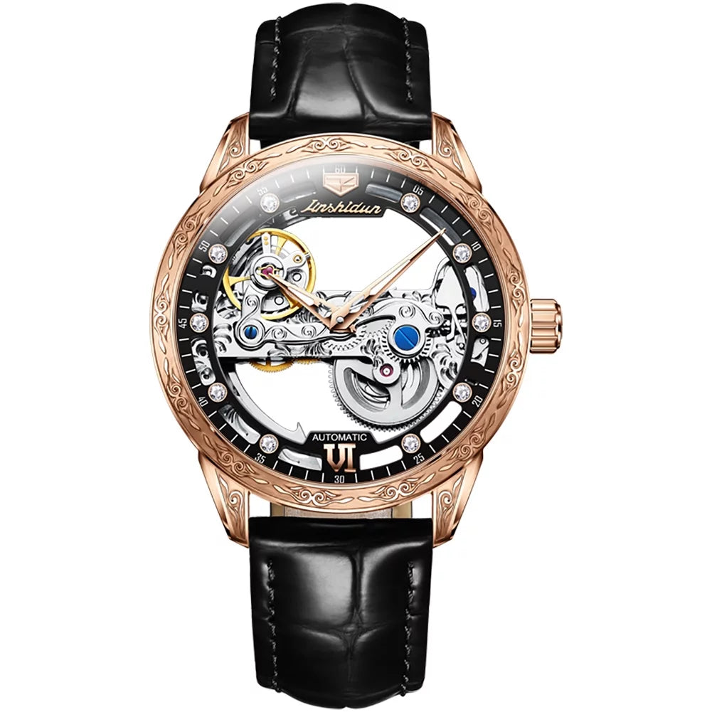 Men's Automatic Mechanical Transparent Skeleton Luminous Watch Rose Black