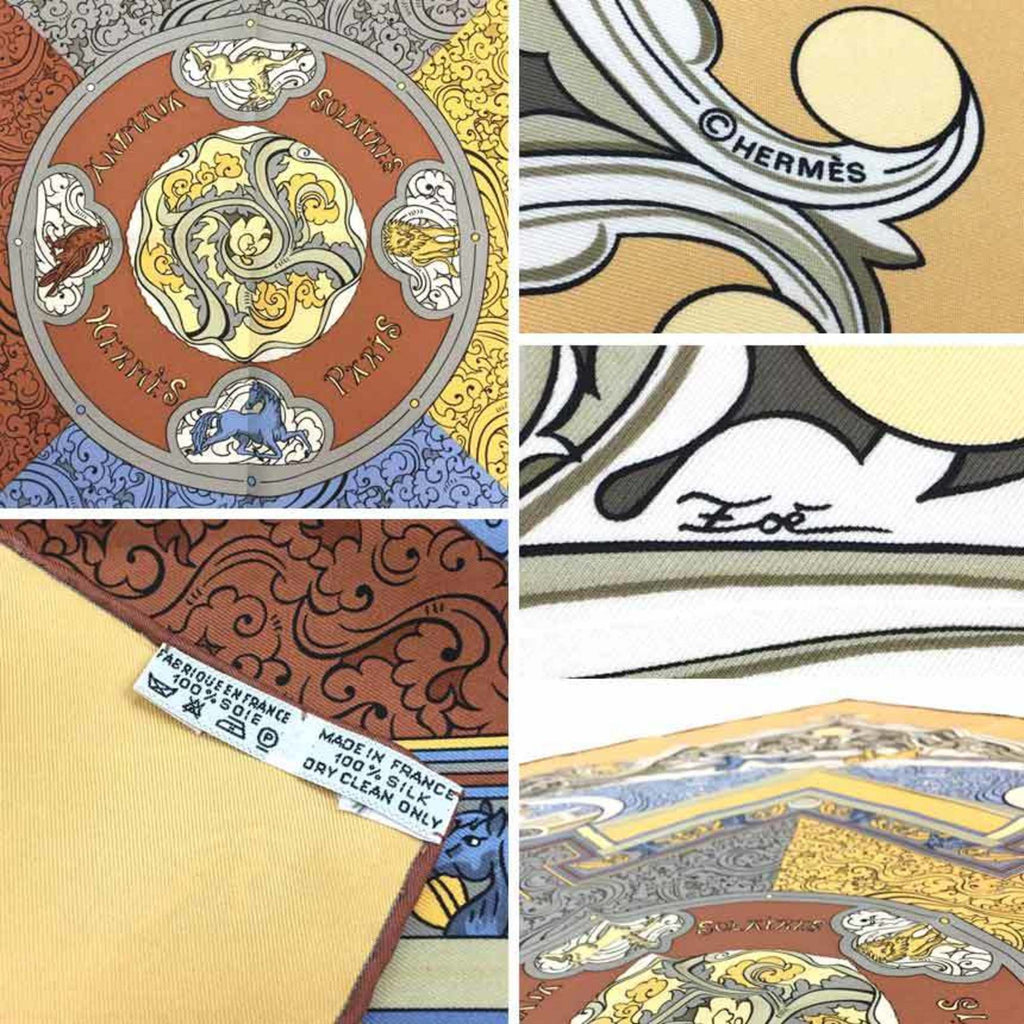 Pre-Owned HERMES Hermes Scarf Muffler Kare90 ANIMAUX SOLAIRES Animals of the Sun Cream Yellow 100% Silk (Like New)