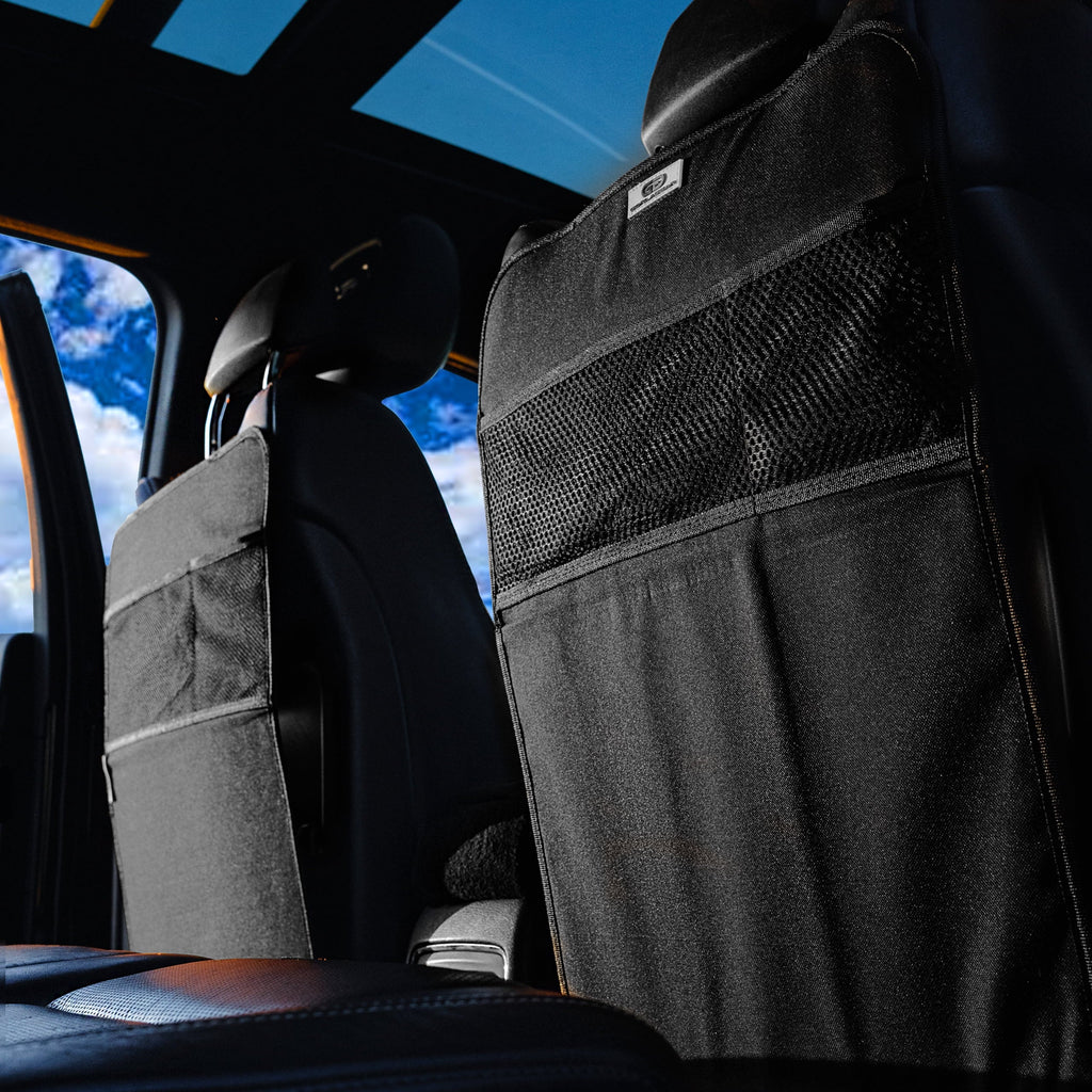 Gorla Gear Black Heavy Duty Kick Mats Back Seat Protector 2 Pack Car Seat Organizer Protection from Booster Seat Baby Toddler Kids Kicking Upgraded Bungee Hooks Universal Fit in Auto Trucks Vans SUV