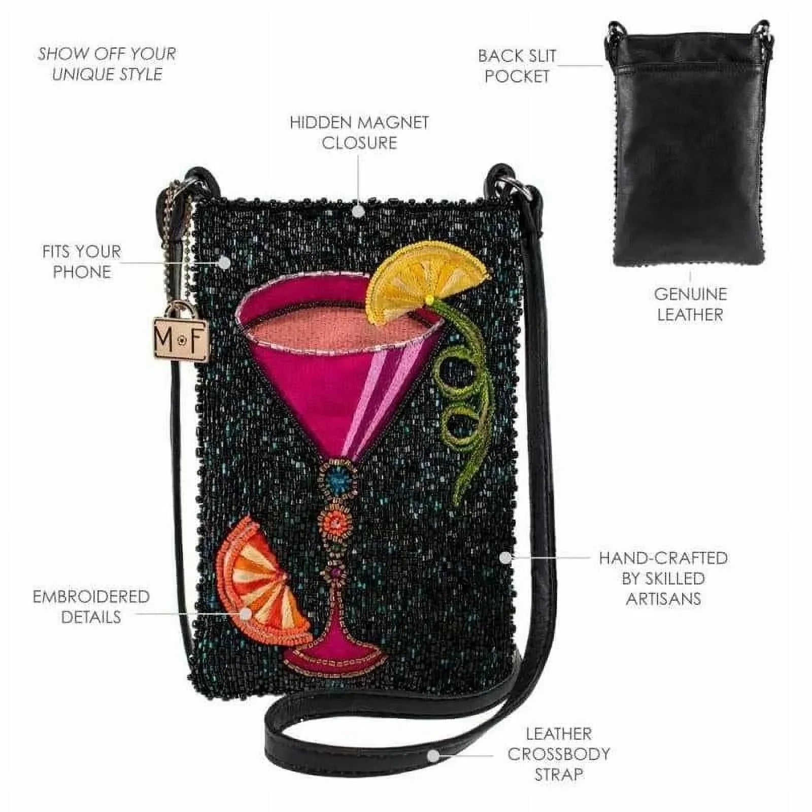 Mary Frances Take a Sip Leather Crossbody Phone Bag Cocktail Beaded Shoulder Bag NEW