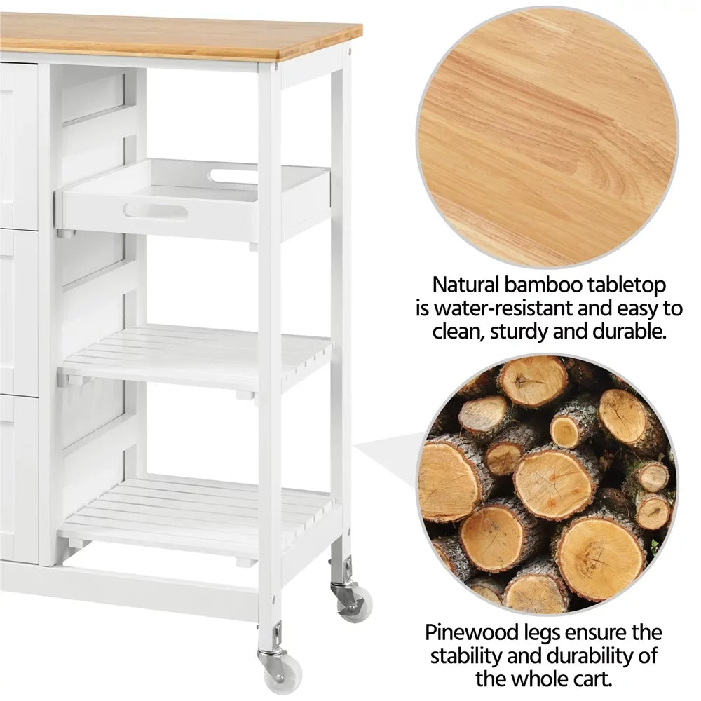 Easyfashion 33" H Storage Serving Cart with 3 Drawers for Kitchen Bar, White
