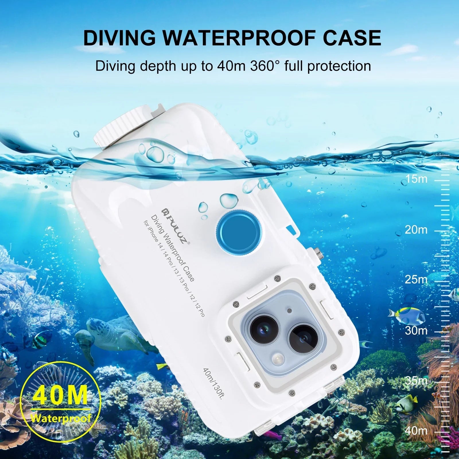 PULUZ 40M131ft Liquid Phone Case Diving Case Smartphone Fluid Housing Protective Case with Red Filter Neck Strap Cleaning Cloth Replacement for 14/ 14 / 13/ 13 / 12/ 12 P