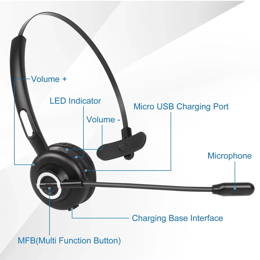Comfortable Bluetooth Headset, UX-M97 Wireless Headset with Microphone, Wireless Cell Phone Headset with Noise Isolation Mic Charging Base Mute Function for Oppo RX17 Pro With Charging Dock