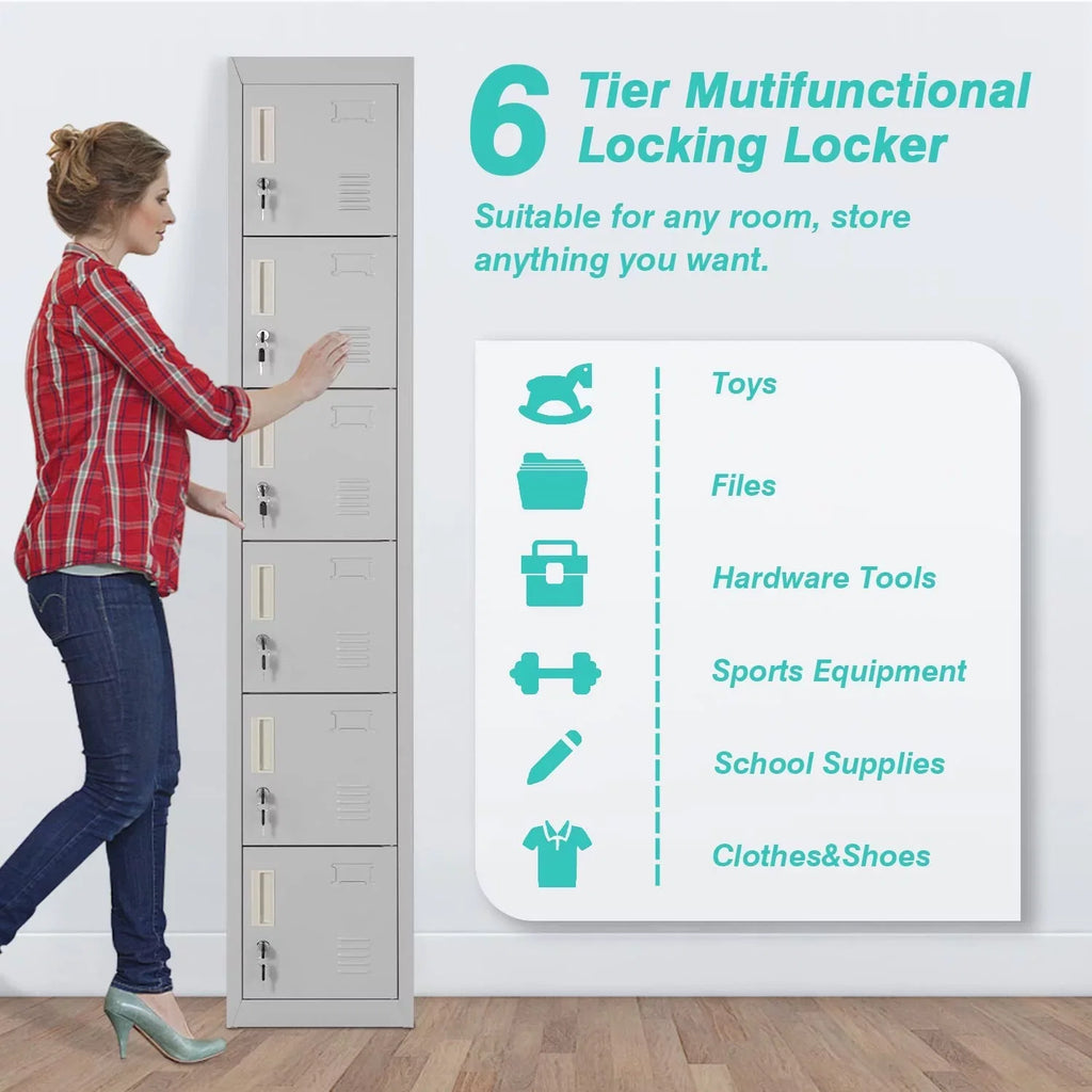 SUNCROWN Metal Locker Storage Cabinet with 6 Lockable Door for School, Gym, Home, Office, Gray