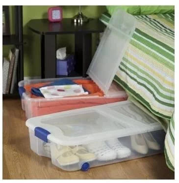 4-Pack Under Bed Plastic Storage Bin Unit Boxes Are Containers For Clothes, Books, Diapers, Shoes, Linen. Office Supplies, Camping, RV, Pantry Foods 66 Quart Capacity