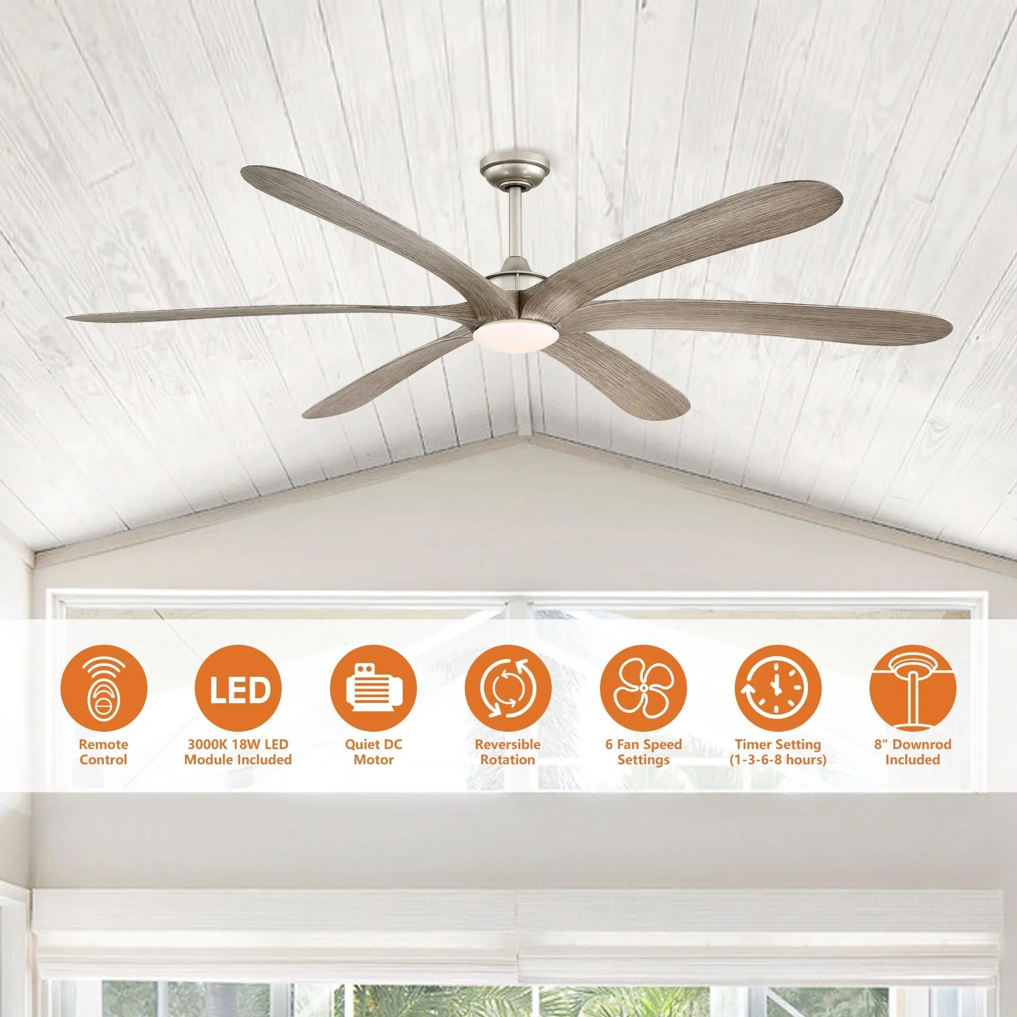Parrot Uncle 72-inch Driftwood 6-Blade DC Motor Ceiling Fan with Light and Remote Nickel