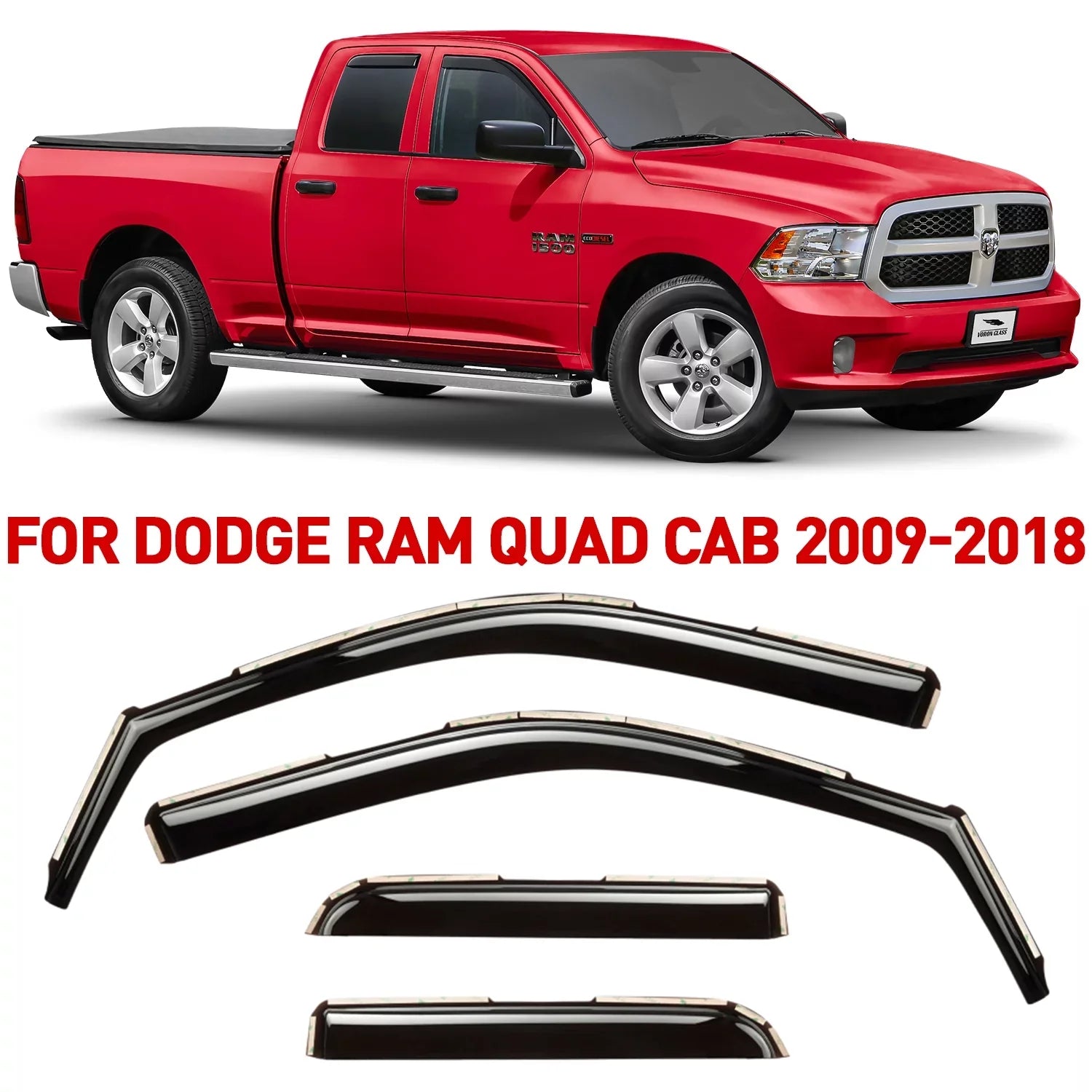 Voron Glass in-Channel Extra Tough Rain Guards for Trucks Dodge Ram 1500 2009-2018 Quad Cab, Window Deflectors, Vent Window Visors, 4 Pieces - 230099