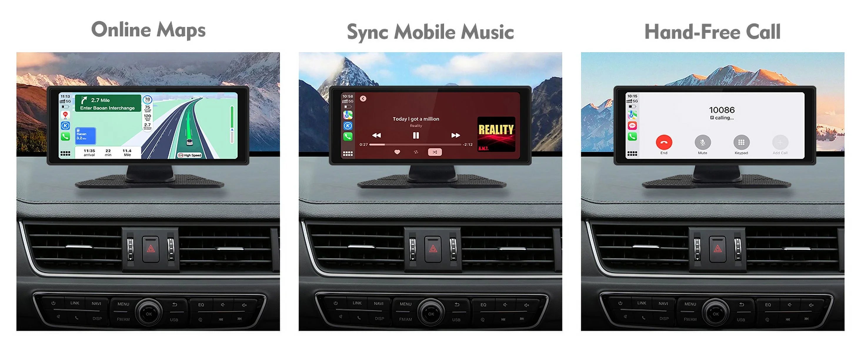 Portable Wireless Carplay & Android Auto Car Stereo, 10.26 Inch Full HD Car Touch Monitor Portable Car Radio Receiver Backup Camera